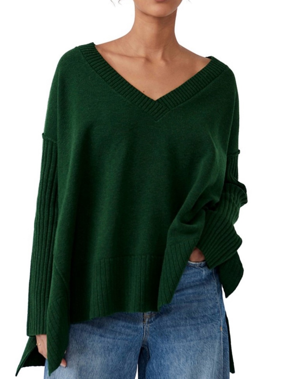 Free People Orion A Line Deep V Neck Tunic Sweater in Black Forest Green, Small